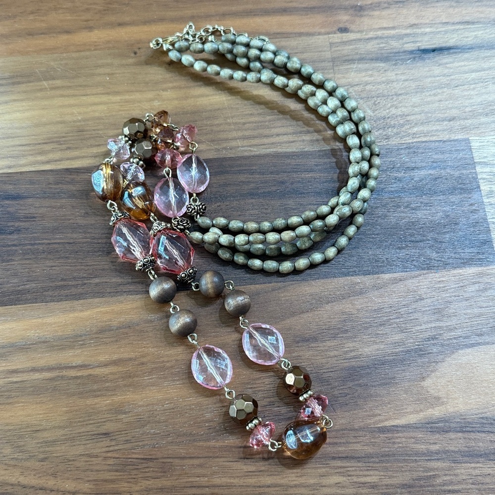 Natori Pink Brown Mixed Media Beaded Bauble Statement Long Necklace Gold Tone